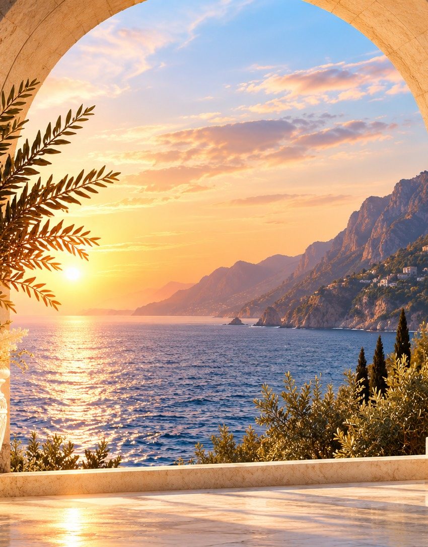 A stone arch opening onto the sea at sunset